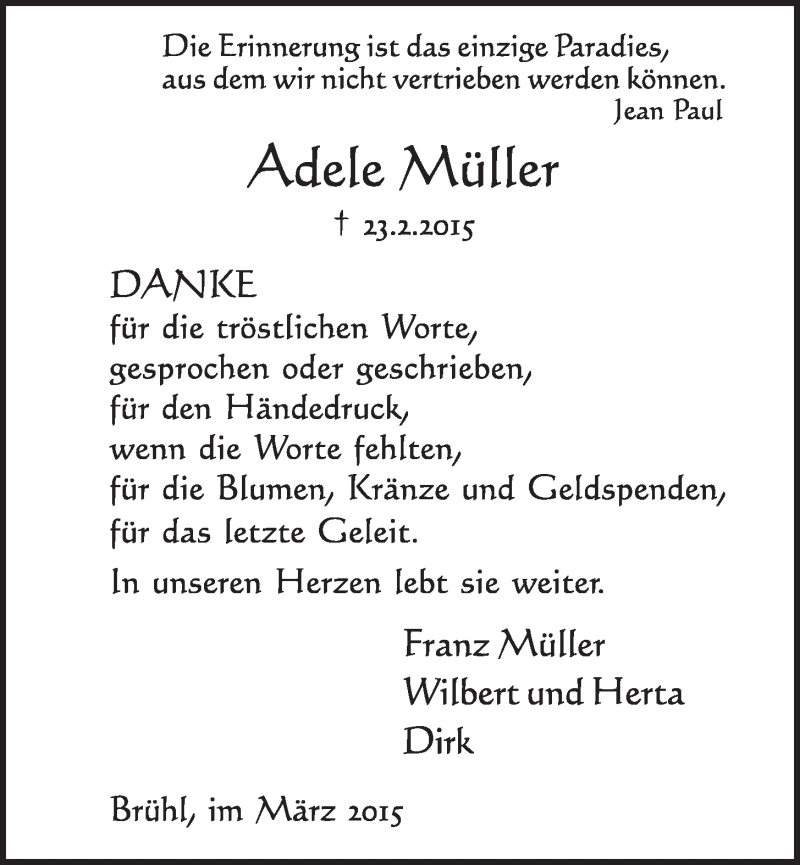  Traueranzeige für Adele Müller vom 18.03.2015 aus  Schlossbote/Werbekurier 