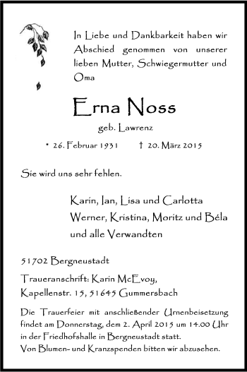 Anzeige von Erna Noss von Kölner Stadt-Anzeiger / Kölnische Rundschau / Express