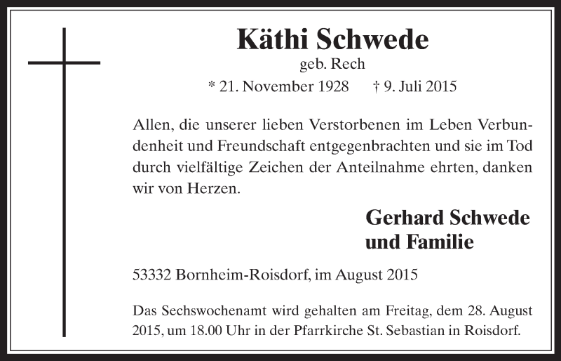  Traueranzeige für Käthi Schwede vom 19.08.2015 aus  Schaufenster/Blickpunkt 