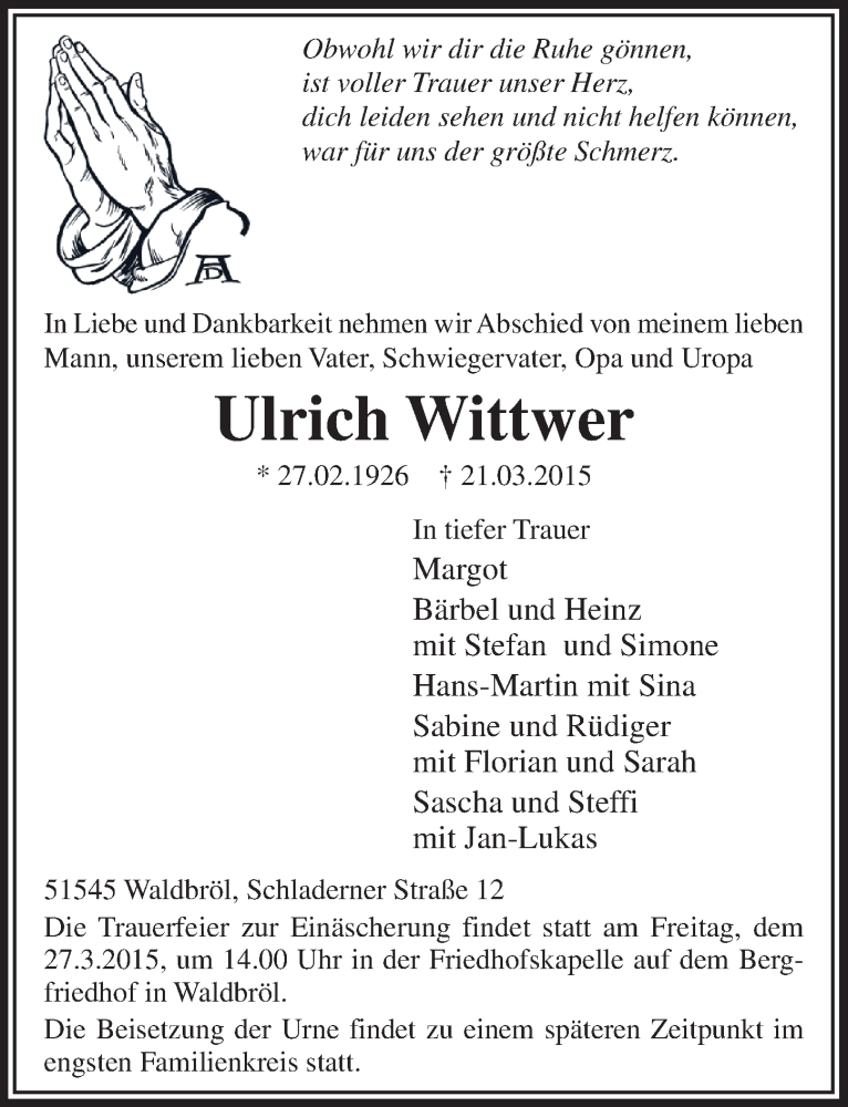  Traueranzeige für Ulrich Wittwer vom 25.03.2015 aus  Lokalanzeiger 