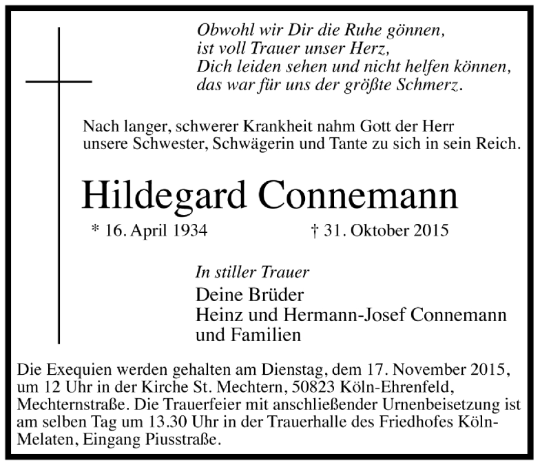  Traueranzeige für Hildegard Connemann vom 07.11.2015 aus Kölner Stadt-Anzeiger / Kölnische Rundschau / Express