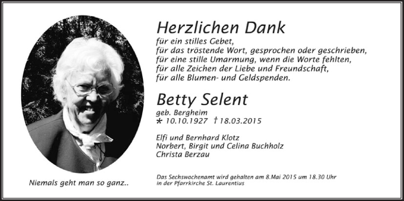  Traueranzeige für Betty Selent vom 15.04.2015 aus  Extra Blatt 