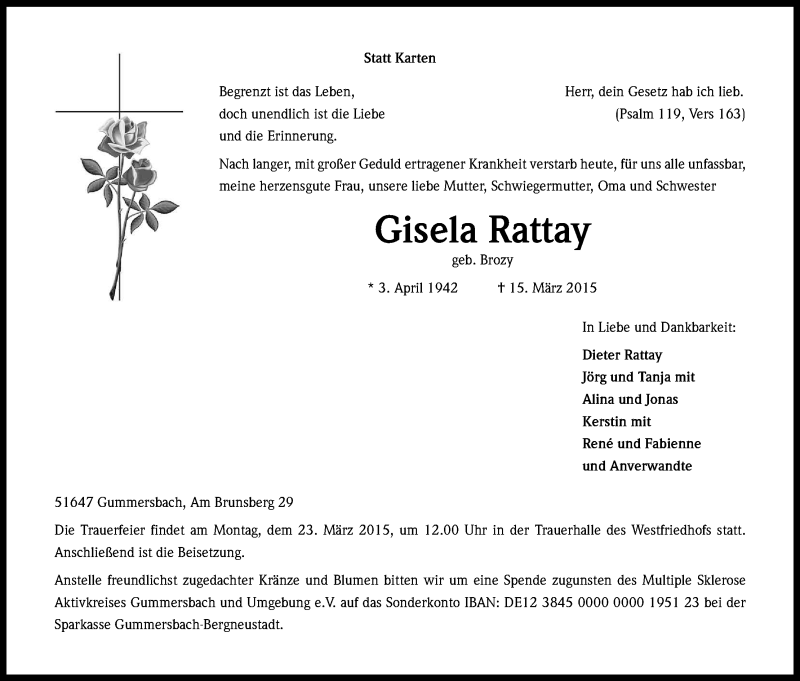  Traueranzeige für Gisela Rattay vom 19.03.2015 aus Kölner Stadt-Anzeiger / Kölnische Rundschau / Express