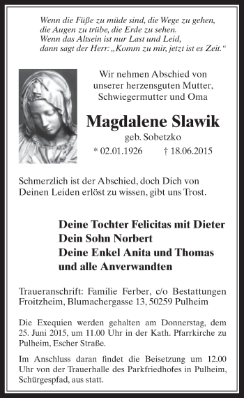Anzeige von Magdalene Slawik von  Wochenende 