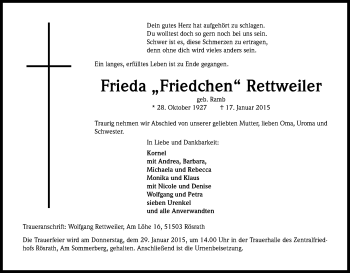 Anzeige von Frieda Rettweiler von Kölner Stadt-Anzeiger / Kölnische Rundschau / Express