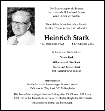 Anzeige von Heinrich Stark von Kölner Stadt-Anzeiger / Kölnische Rundschau / Express