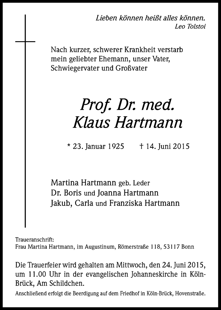  Traueranzeige für Klaus Hartmann vom 20.06.2015 aus Kölner Stadt-Anzeiger / Kölnische Rundschau / Express