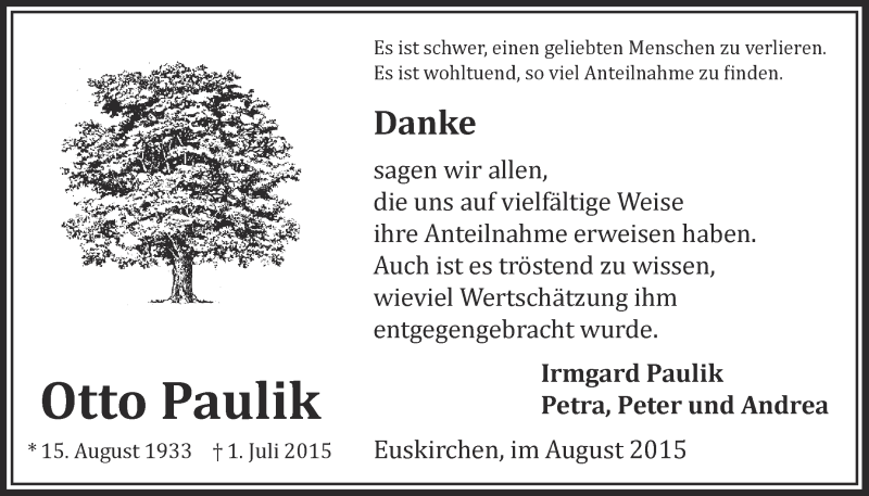  Traueranzeige für Otto Paulik vom 23.08.2015 aus  Blickpunkt Euskirchen 