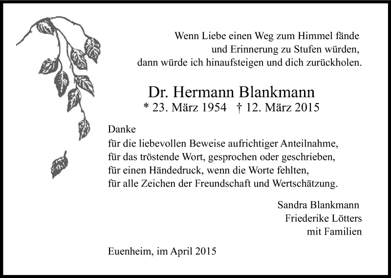  Traueranzeige für Hermann Blankmann vom 18.04.2015 aus Kölner Stadt-Anzeiger / Kölnische Rundschau / Express