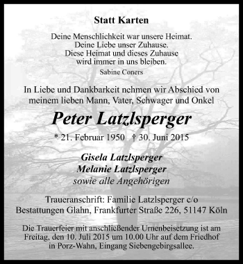 Anzeige von Peter Latzlsperger von  Kölner Wochenspiegel 