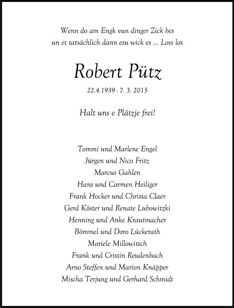  Traueranzeige für Robert Pütz vom 13.03.2015 aus Kölner Stadt-Anzeiger / Kölnische Rundschau / Express
