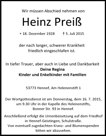 Anzeige von Heinz Preiß von Kölner Stadt-Anzeiger / Kölnische Rundschau / Express