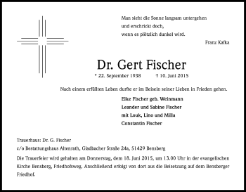 Anzeige von Gert Fischer von Kölner Stadt-Anzeiger / Kölnische Rundschau / Express