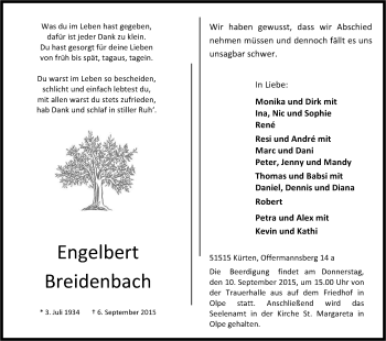 Anzeige von Engelbert Breidenbach von Kölner Stadt-Anzeiger / Kölnische Rundschau / Express