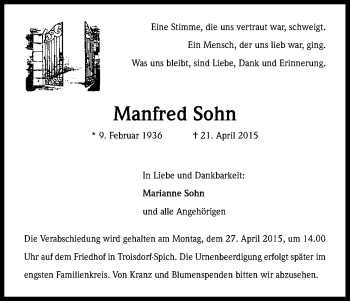 Anzeige von Manfred Sohn von Kölner Stadt-Anzeiger / Kölnische Rundschau / Express