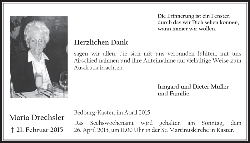  Traueranzeige für Maria Drechsler vom 15.04.2015 aus  Werbepost 