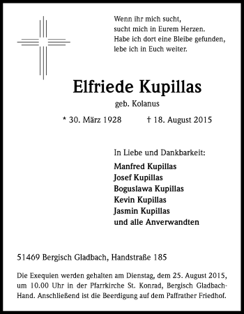 Anzeige von Elfriede Kupillan von Kölner Stadt-Anzeiger / Kölnische Rundschau / Express