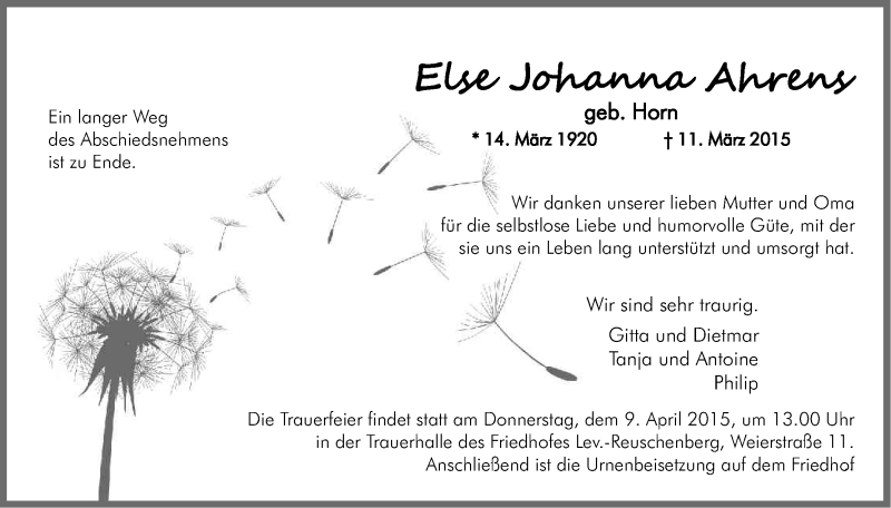  Traueranzeige für Else Johanna Ahrens vom 21.03.2015 aus Kölner Stadt-Anzeiger / Kölnische Rundschau / Express