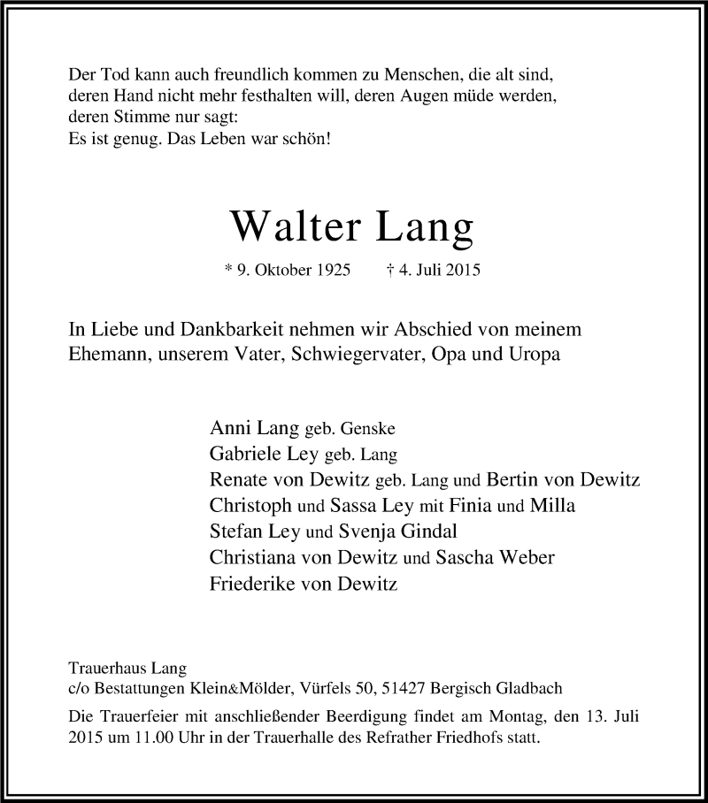  Traueranzeige für Walter Lang vom 08.07.2015 aus Kölner Stadt-Anzeiger / Kölnische Rundschau / Express