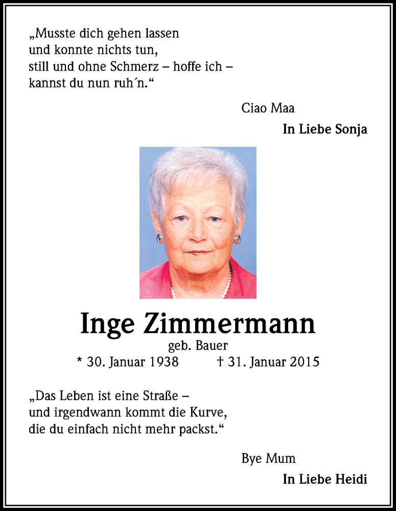  Traueranzeige für Inge Zimmermann vom 10.02.2015 aus Kölner Stadt-Anzeiger / Kölnische Rundschau / Express