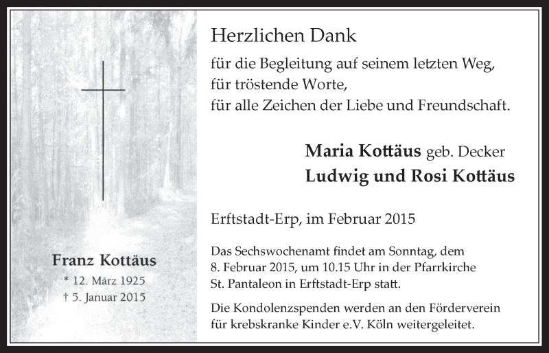  Traueranzeige für Franz Kottäus vom 04.02.2015 aus  Werbepost 