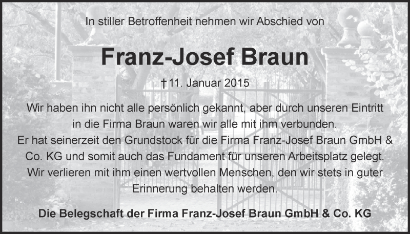  Traueranzeige für Franz-Josef Braun vom 18.01.2015 aus  Blickpunkt Euskirchen 