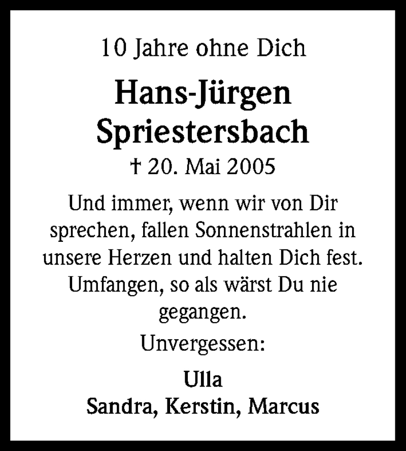  Traueranzeige für Hans-Jürgen Spriestersbach vom 20.05.2015 aus Kölner Stadt-Anzeiger / Kölnische Rundschau / Express