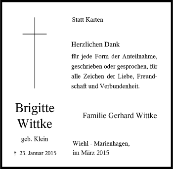 Anzeige von Brigitte Wittke von  Anzeigen Echo 