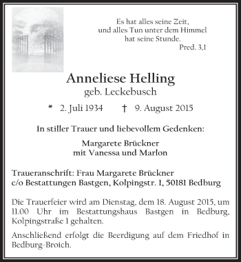 Anzeige von Anneliese Helling von  Sonntags-Post 