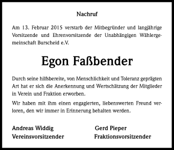 Anzeige von Egon Faßbender von Kölner Stadt-Anzeiger / Kölnische Rundschau / Express