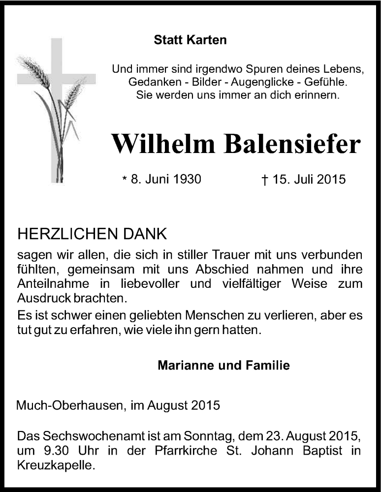  Traueranzeige für Wilhelm Balensiefer vom 15.08.2015 aus Kölner Stadt-Anzeiger / Kölnische Rundschau / Express