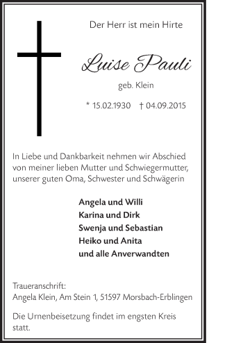 Anzeige von Luise Pauli von  Westerwald Rundschau 