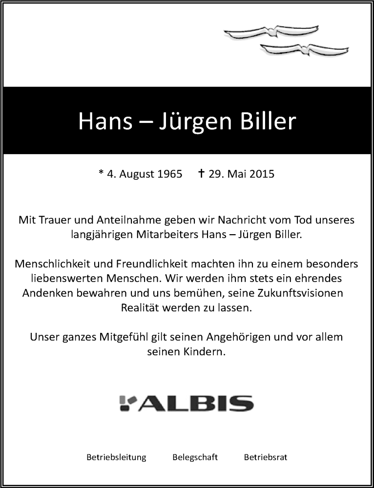  Traueranzeige für Hans-Jürgen Biller vom 14.06.2015 aus  Blickpunkt Euskirchen 