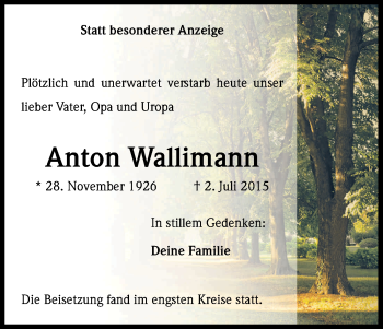 Anzeige von Anton Wallimann von Kölner Stadt-Anzeiger / Kölnische Rundschau / Express