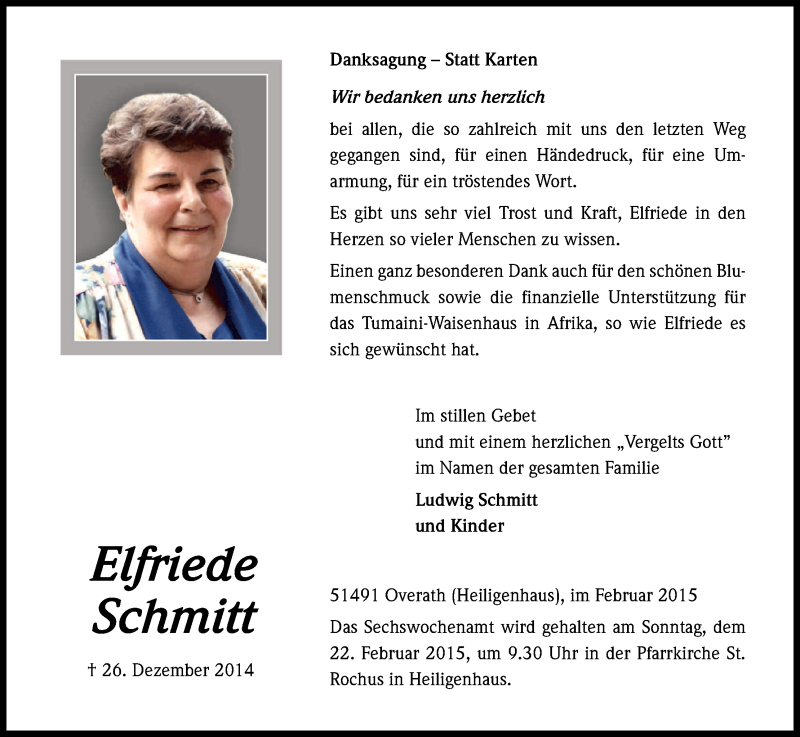  Traueranzeige für Elfriede Schmitt vom 14.02.2015 aus Kölner Stadt-Anzeiger / Kölnische Rundschau / Express