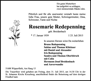 Anzeige von Rosemarie Redepenning von Kölner Stadt-Anzeiger / Kölnische Rundschau / Express