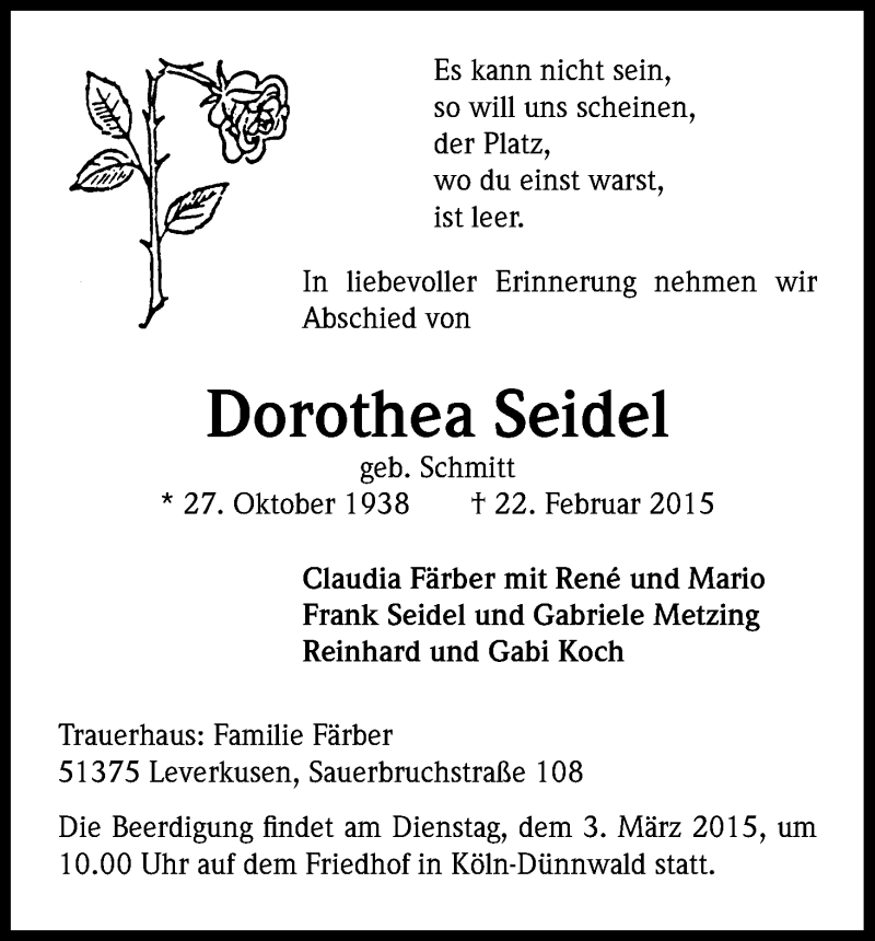  Traueranzeige für Dorothea Seidel vom 27.02.2015 aus Kölner Stadt-Anzeiger / Kölnische Rundschau / Express