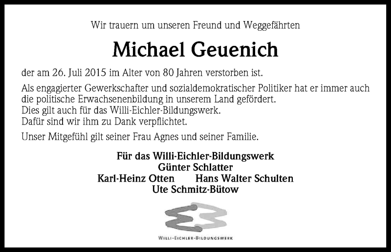  Traueranzeige für Michael Geuenich vom 08.08.2015 aus Kölner Stadt-Anzeiger / Kölnische Rundschau / Express