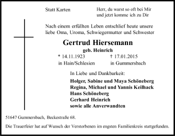 Anzeige von Gertrud Hiersemann von Kölner Stadt-Anzeiger / Kölnische Rundschau / Express