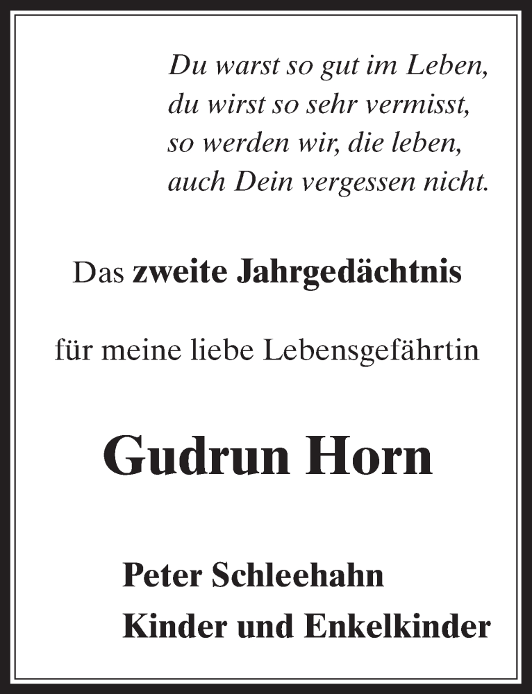  Traueranzeige für Gudrun Horn vom 18.04.2015 aus  Sonntags-Post 
