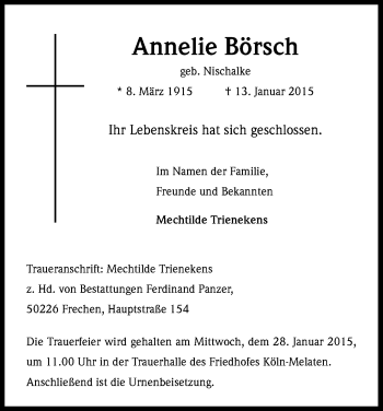 Anzeige von Annelie Börsch von Kölner Stadt-Anzeiger / Kölnische Rundschau / Express