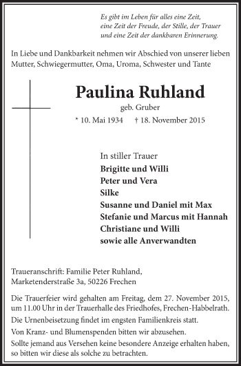 Anzeige von Paulina Ruhland von  Sonntags-Post 