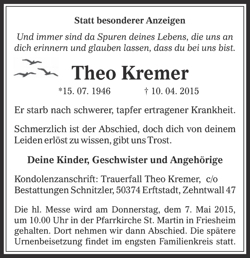  Traueranzeige für Theo Kremer vom 29.04.2015 aus  Werbepost 