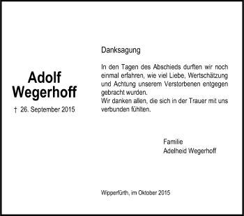 Anzeige von Adolf Wegerhoff von Kölner Stadt-Anzeiger / Kölnische Rundschau / Express