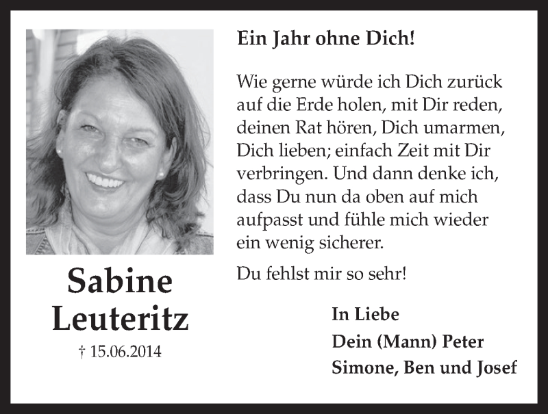  Traueranzeige für Sabine Leuteritz vom 17.06.2015 aus  Schlossbote/Werbekurier 