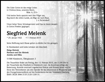 Anzeige von Siegfried Melenk von Kölner Stadt-Anzeiger / Kölnische Rundschau / Express