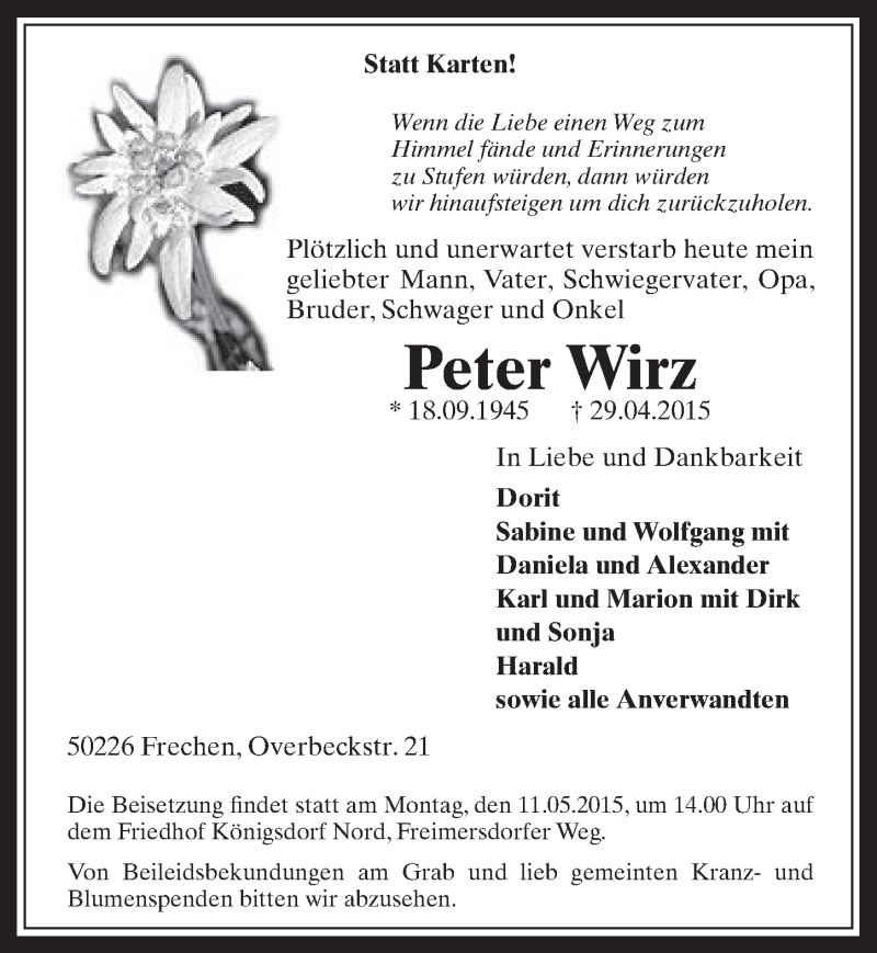  Traueranzeige für Peter Wirz vom 06.05.2015 aus  Wochenende 