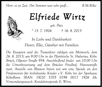 Anzeige von Elfriede Wirtz von Kölner Stadt-Anzeiger / Kölnische Rundschau / Express