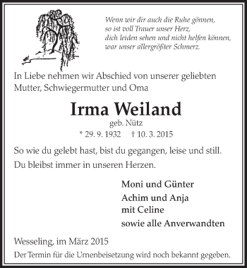 Anzeige von Irma Weiland von  Schlossbote/Werbekurier 