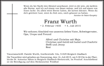 Anzeige von Franz Wurth von  Bergisches Sonntagsblatt 